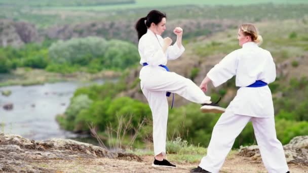 Duas mulheres kickboxers praticando seus movimentos — Vídeo de Stock