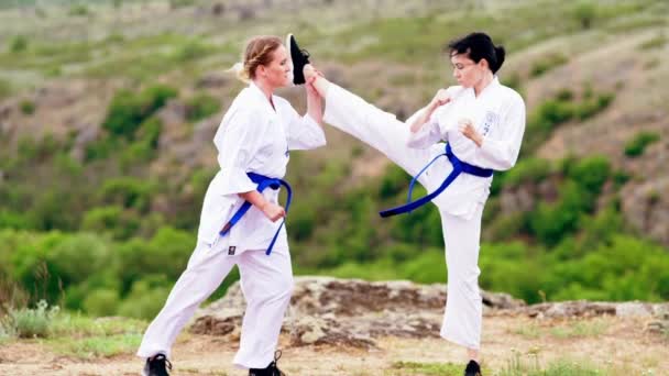 Duas jovens mulheres treinando juntas em kickboxing — Vídeo de Stock