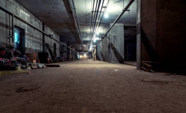 Gloomy concrete basement in an industrial building lit by overhead neon lights alongside exposed pipes with building debris heaped on the floor in a ground level view clipart