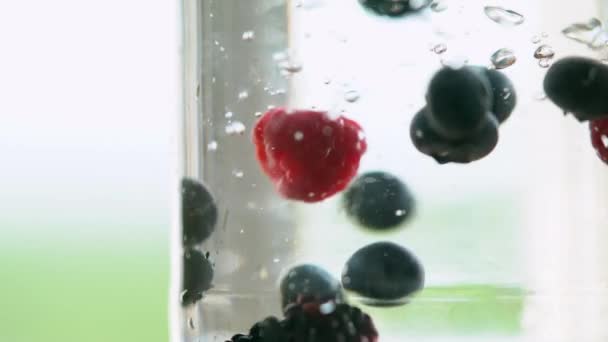 Verschiedene frische Beeren fallen in Glas mit Wasser — Stockvideo