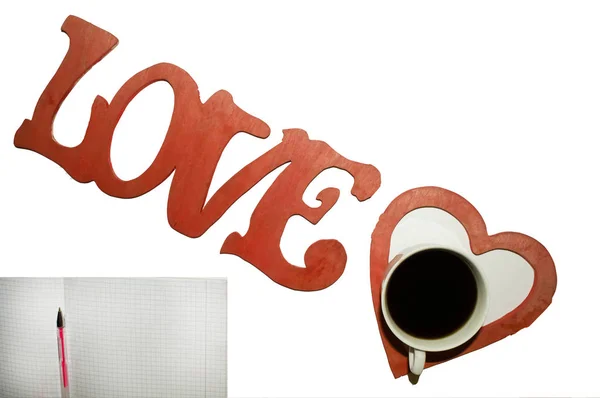 Notebook Cage Handle Cup Coffee White Background Word Love Heart — Stock Photo, Image