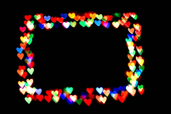 Сердца Bokeh Изолированы Черном Фоне Сердца Разного Цвета Формируют Рамки — стоковое фото
