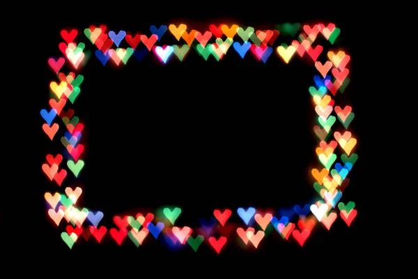 Kolorowe Serca Tworzą Serca Frame Bokeh Białym Czarnym Background Frame — Zdjęcie stockowe