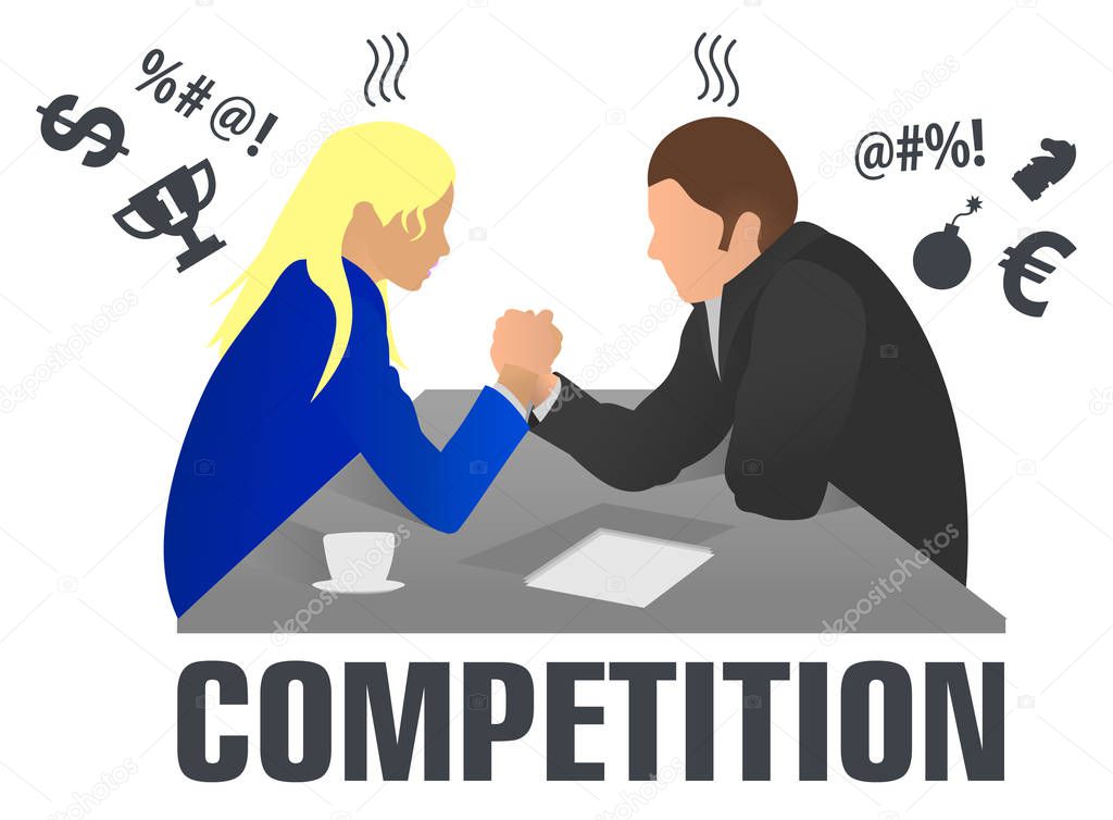 Business people and professional parity. Arm wrestling between businessman and businesswoman at work. Rivalry at work. Man and woman in arm wrestling gesture on working table during meeting. Logo.