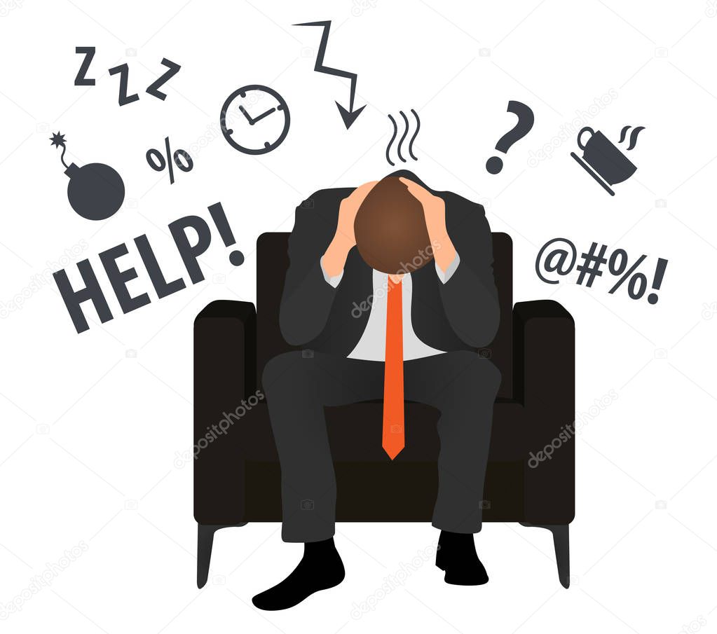 Overworked and tired businessman or office worker sits in a chair. Business stress. Flat style modern vector illustration. Man Has Clasped Head Hands Overworked. Busy. Icon. Fail. Deadline. Problem.