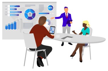 İş bir takım insanlar ve grafikler ile etkileşim. İş, iş akışı yönetimi ve office durumlar. Pano. 3D vektör izometrik çizim. Sunu. Başarılı. Eğitim. Seminer. Pazarlama