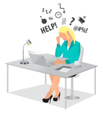 Ofis Masası çalışma ve kafasını dokunmadan yorgun kadın. Çok çalışan ve yorgun işkadını veya ofis işçi masa başında oturan. Düz stil modern iş kavramı. Meşgul. Simge. Başarısız. Son Tarih.