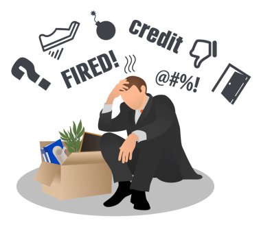 Employee gets fired from his work. Sad businessman sits with a box. Dismissed from his work. Concept of employee job reduction, crisis, dismissal frustrated. Isolated vector icon, logo, sticker, sign. clipart