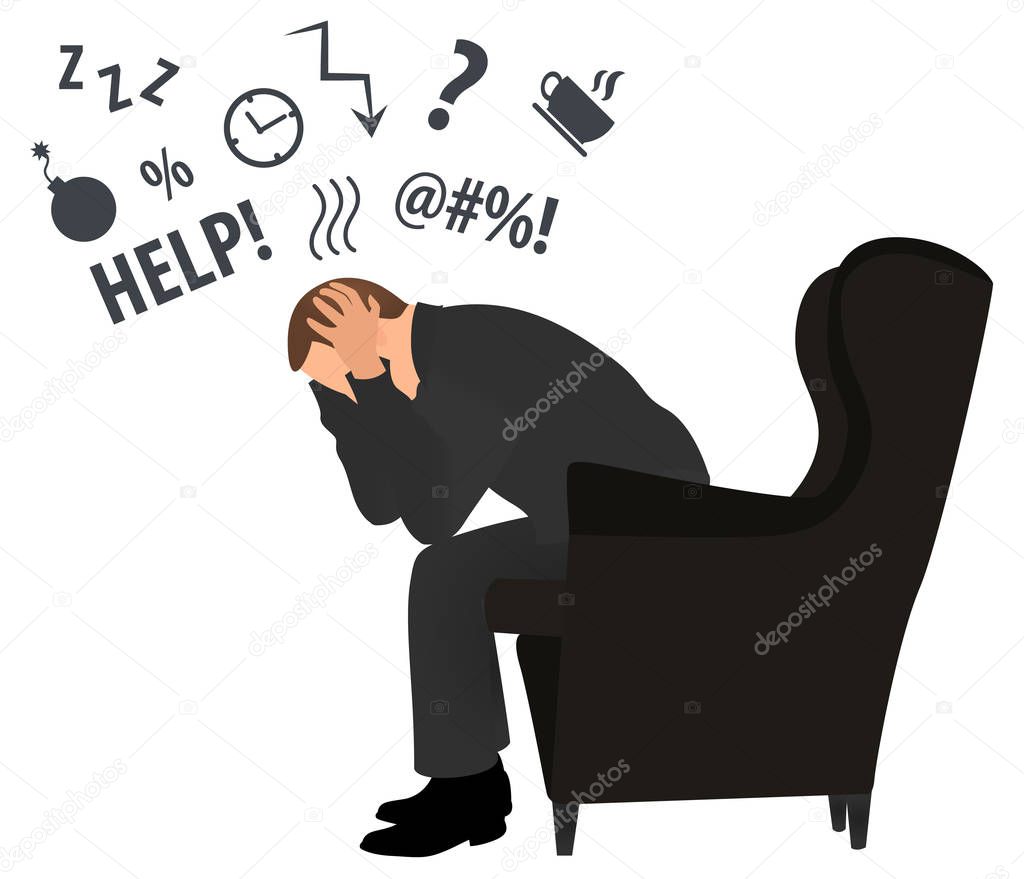 Profile view of overworked and tired businessman or office worker sits in a chair . Business stress. Flat style modern vector illustration. Man Has Clasped Head Hands Overworked. Busy. Icon. Fail. 