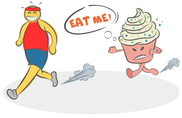 Lustige Karikatur böser Kuchen läuft dem Läufer hinterher — Stockvektor