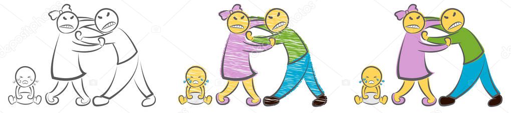Quarreling Parents and crying baby. Hand drawn cartoon doodle vector illustration. Angry sad parents man woman characters quarrel near child. Family breakup problem. Divorce of husband and wife.