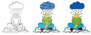 İşadamı toprağa kök saldı. Yağmurda ağlayan karakter. Elle çizilmiş karikatür doodle vektör çizim. Kasvetli depresif karikatür. Üzgün ve depresyonda adam fırtına altında. Melankoli adam.