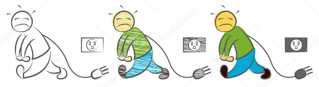 Man have a low of energy. Businessman feeling frustrated. Low power sign. Tired at work. Character to go and look down. Plug and socket disconnected. Success concept. Emotional weakness.