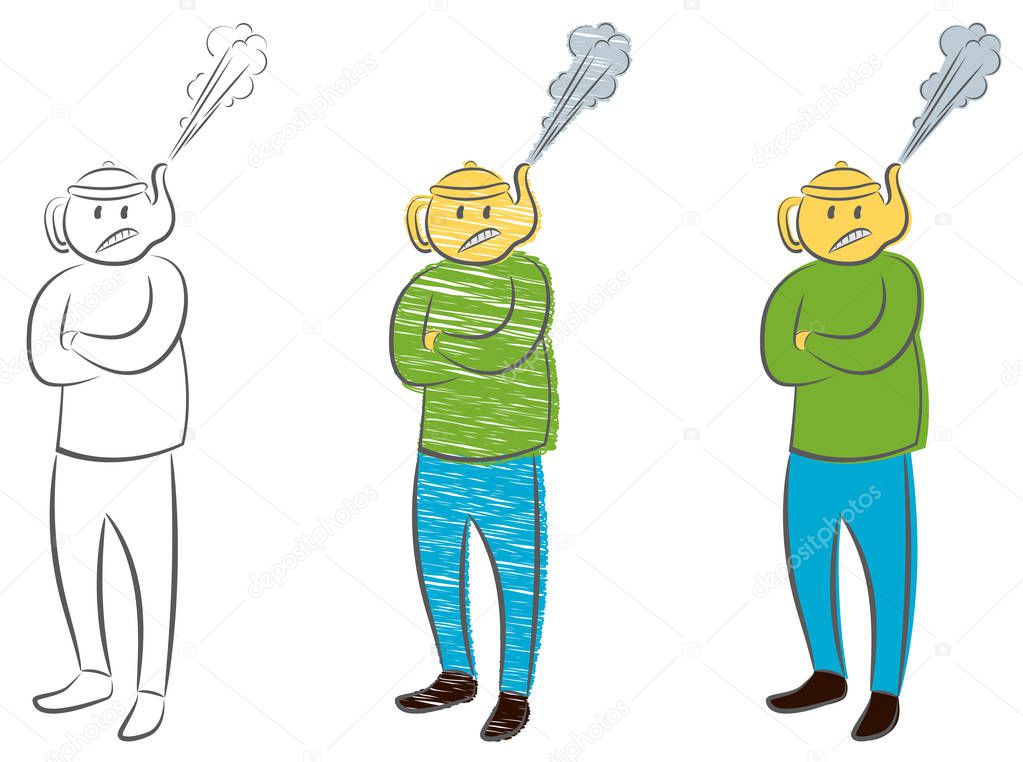 Man with the kettle instead of a head with a steam pulled out. Concept of anger. Angry boss manager businessman. Hand drawn cartoon doodle vector illustration. Funny person. Guy with his arms crossed.