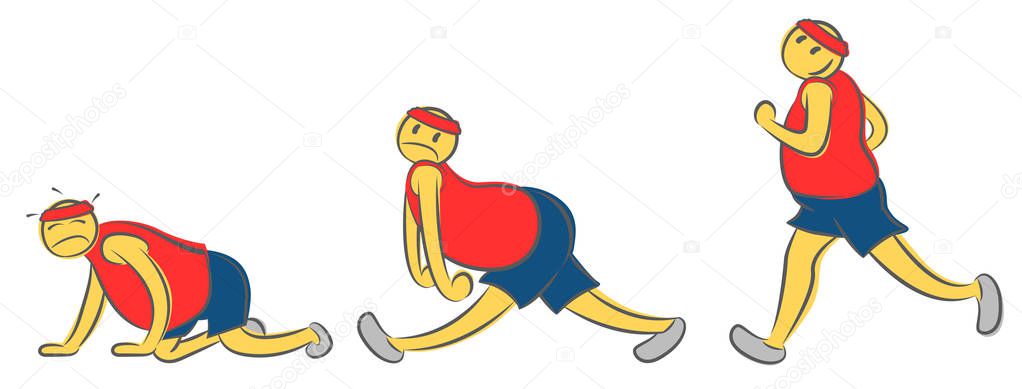 A running man pose in various emotion. Tired guy runner taking a rest. Athlete character fell to the ground without strength. Stopping to get air. Run, get tired, get down. Doodle vector illustration.