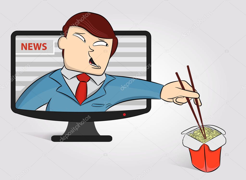 Hungry anchorperson got out of the TV to eat noodles. Funny News Anchor on TV Breaking News background. Male news anchor. Concept of fast food, Chinese noodles.