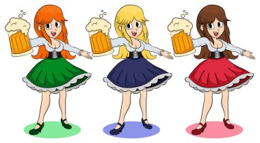 Farklı renk saçlı ve etek komik kızlar bira tutmak. Girdiğiniz davet ediyor. Bira hizmet veren Alman kız Illustration. Sarışın, esmer, Kızıl saçlı. Bira güzel Bavyera kızla. Oktoberfest.