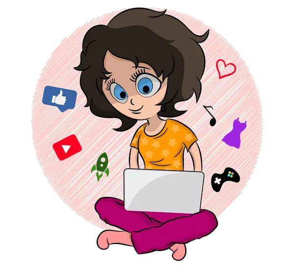 ラップトップを持つ少女がさまざまなアクションを実行します ラップトップを持つベクトル少女 漫画の女性 カラフルなイラスト 面白い人物 コンピューターとかわいい女性 — ストックベクタ