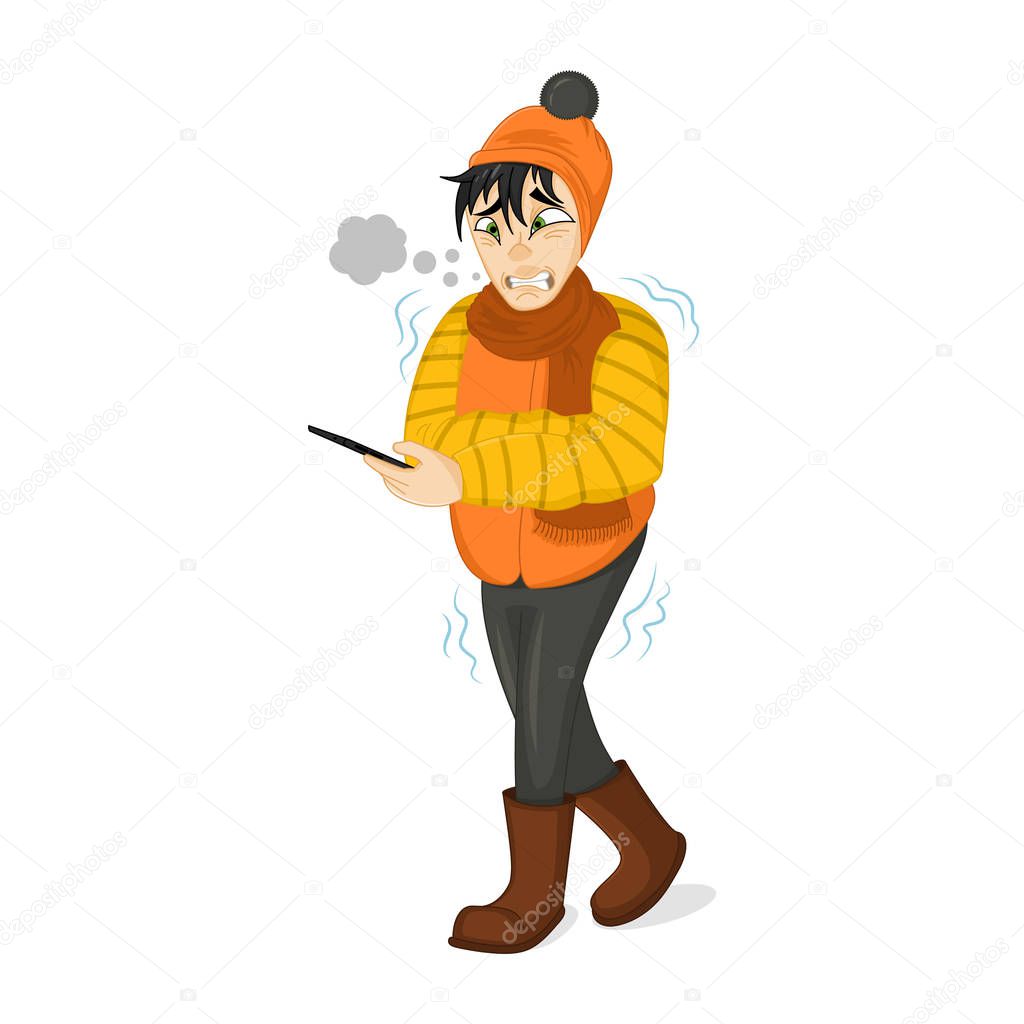 Vector Illustration of a Man in Winter Clothes Shivering Hard Because of the Cold. Freezing man tries to call a taxi. 
