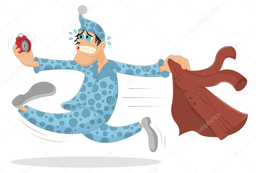 Funny vector overslept man gets dressed and runs on the work looking at alarm clock and is shocked. Cartoon character waking up too late. Man needs to get up earlier. Morning and overslept concept.