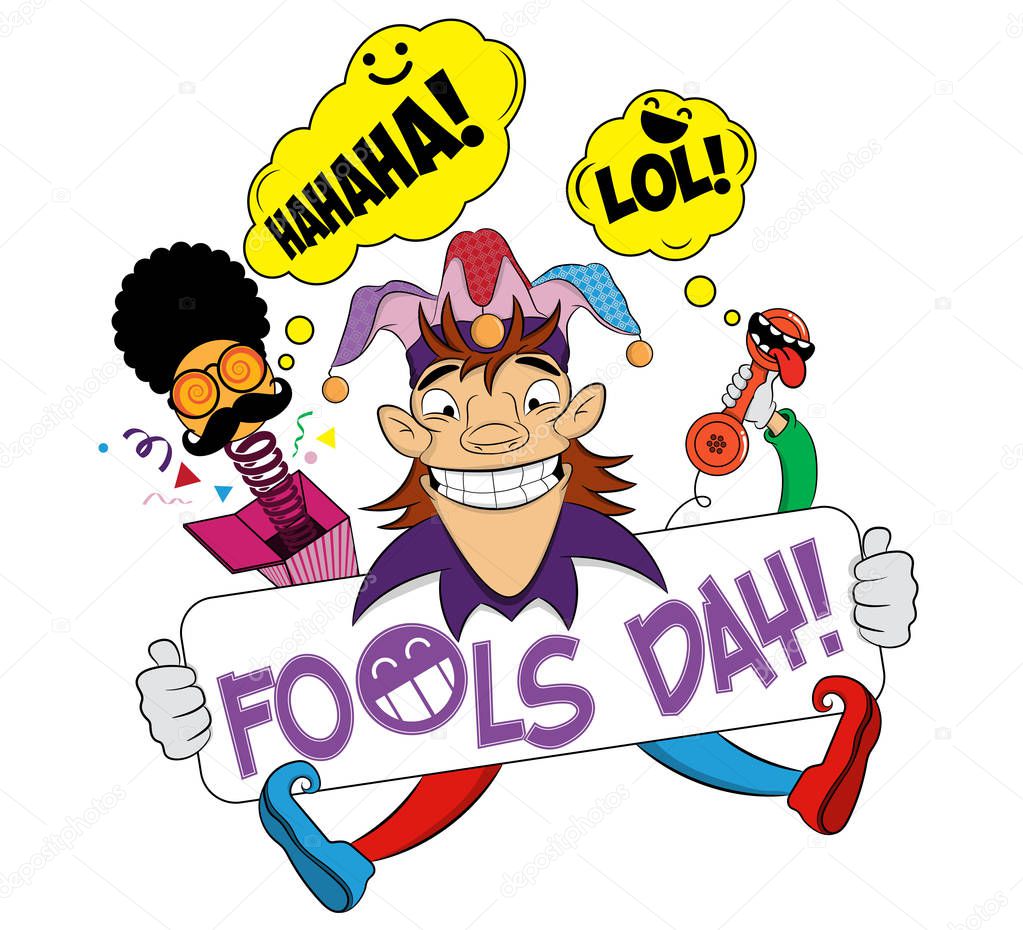 April fools day with cheerful jester. First april fools day surprise box with face comic. Illustration of a joker. April Fools Day, jester illustration, vector illustration.
