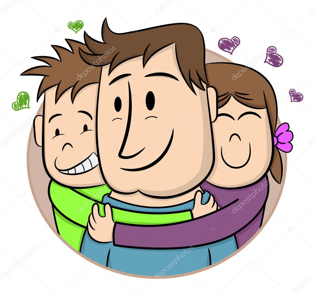 Father's Day. Smiling Children Hugging Their Father. Cartoon vector illustration. Hand drawn style greeting card for father's day. Cute little boy and girl. Sticker, Logo, card, banner, poster.