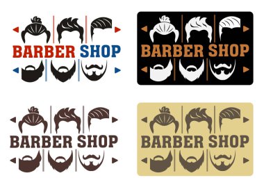 Dört seçenek modern tarzı ile berber Logo. Arabirim fikri, saç ve sakalları ile. Etiket, rozet, işaret veya reklam için. Hipster adam, Kuaför Logo.