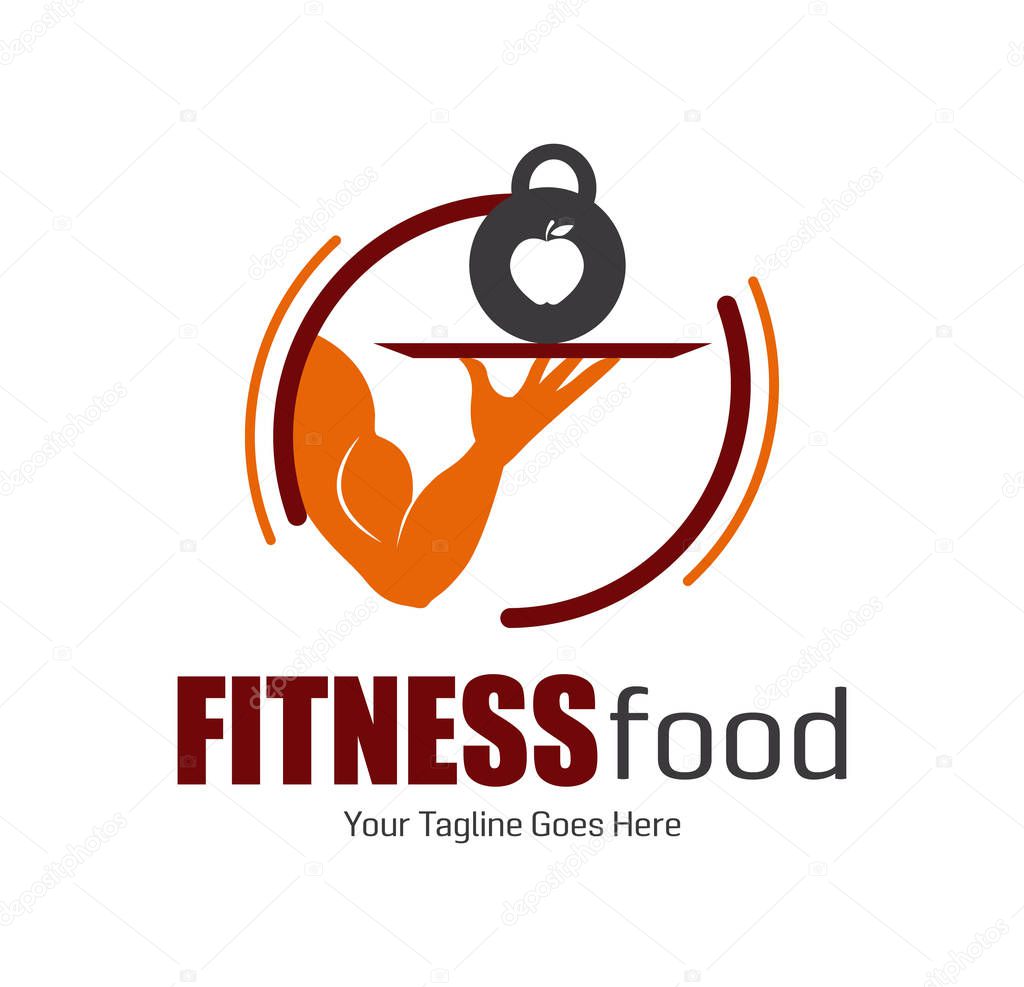 Modern concept Fitness or nutriction Food. Muscle arm serving the dish with heavy dumbbell. Design for print, emblem, t-shirt, icon, sign sticker, logotype.