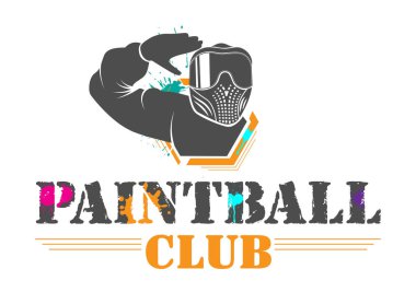 Renkli paintball Spor Kulübü logo. Adam tam ekipman ile renkli maskesi selamlıyor. Baskı, web, amblem, t-shirt, parti dekorasyon, etiket, logo için tasarım.