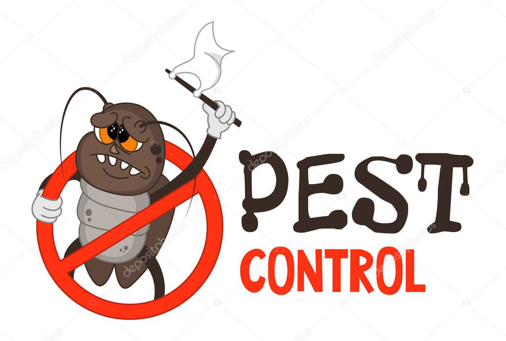 Funny vector illustration of pest control logo for fumigation business. Comic locked cockroach surrenders. Design for print, emblem, t-shirt, sticker, logotype, corporate identity, icon.
