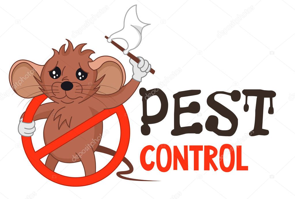 Funny vector illustration of pest control logo for fumigation business. Comic locked mouse surrenders. Design for print, emblem, t-shirt, sticker, logotype, corporate identity, icon.