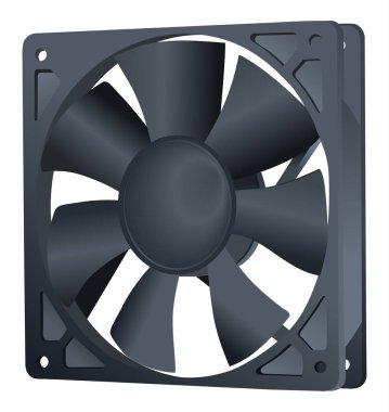 Bilgisayar soğutucu. PC donanım fan. Vektör simgesi. Beyaz arka plan üzerinde izole. Gerçekçi. Bilgisayar unsuru. Soğuk hava. Fan kanatları. Logosunu görmeniz gerekir. Simge. Boya, vernik.