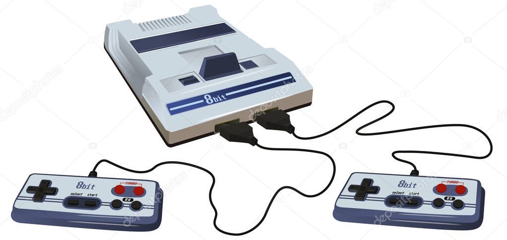 Retro video game console 3d isometric style. Old school gaming. Game pad. Joystick. Vintage hipster technology. Classic. Two joys and buttons. Isometric vector illustration. 80's, 90's. Realistic.