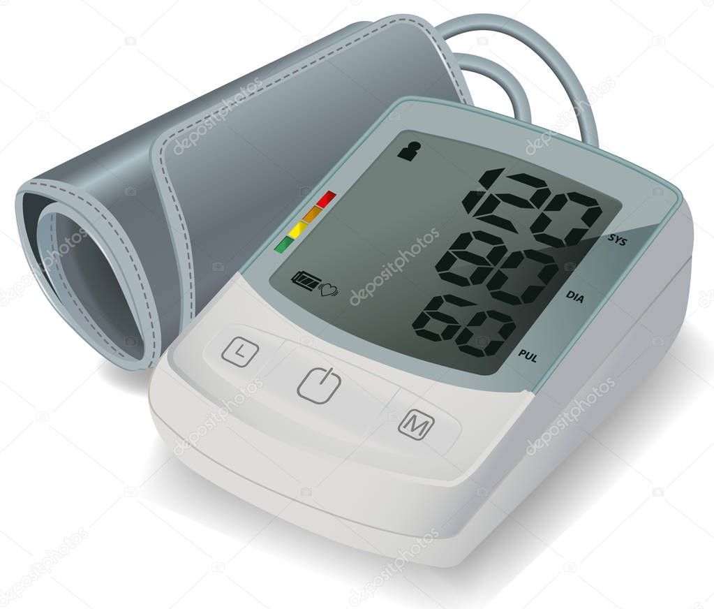Electronic Tonometer for blood pressure measurement. Automatic Upper Arm Blood Pressure Monitor. Healthcare concept. Medical equipment. Vector illustration isolated on white background.