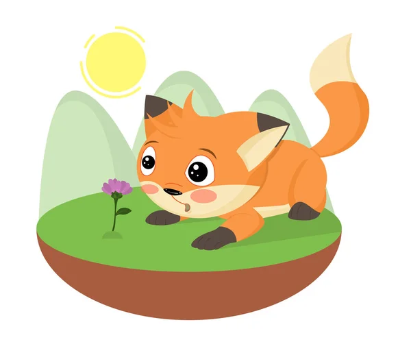 Cartoon Überrascht Niedlichen Kleinen Fuchs Fand Eine Blume Handgezeichneter Fuchs — Stockvektor