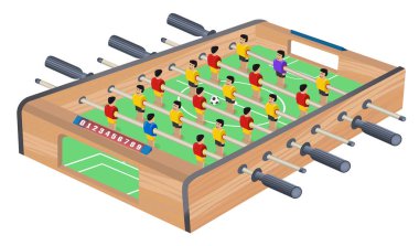 Tablo futbol oyun hobi veya eğlence izometrik görünümünde. Ahşap masa futbol. Spor takım futbol oyuncuları. Eğlence spor. Oyun ve eğlence kavramı. Kicker, futbol bar. Çocukları langırt.