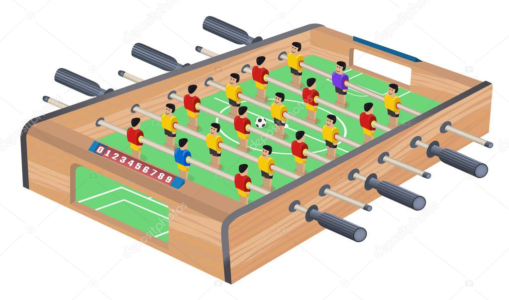 Table Football Game Hobby or Leisure Isometric View. Wooden Table Soccer. Sport team football players. For entertainment sports. Play and fun concept. Kicker, bar football. Kids foosball.