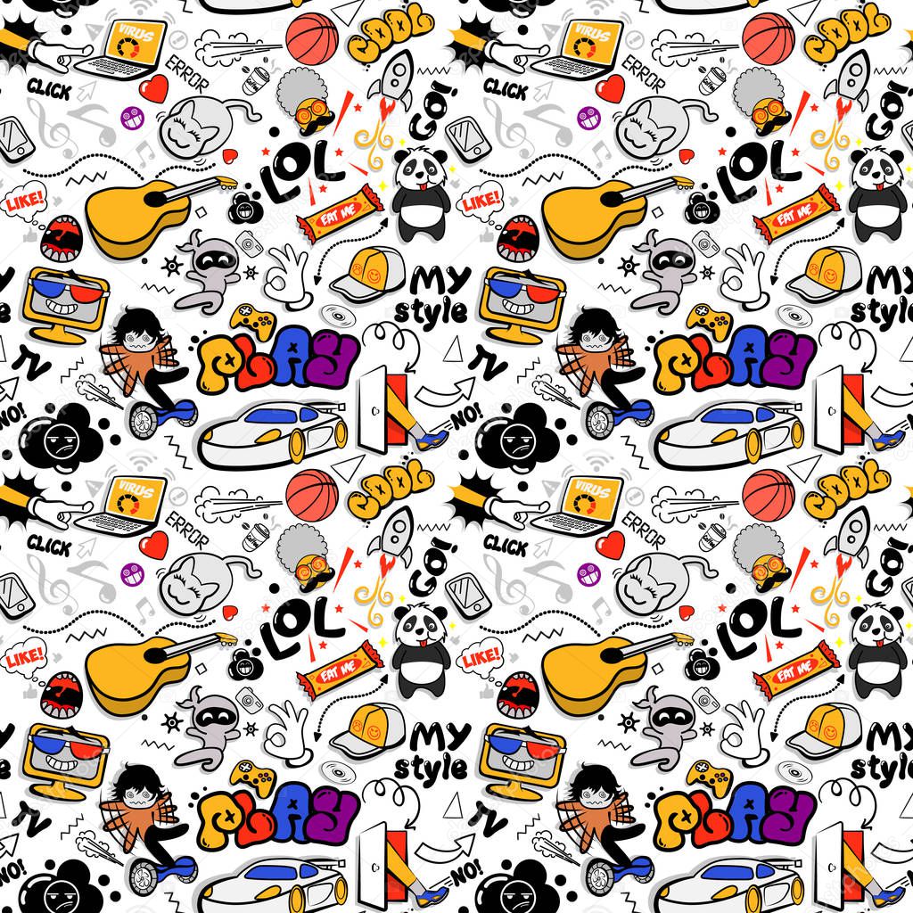 Vector graffiti seamless texture with bizarre elements and characters with social media signs and other shiny icons. Print fabric vector pattern with pop art patches for print, children's room. 
