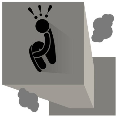 Akrofobi. Fobi. Adam yükseklik korkusu acı. Yüksek katlı bina. Adam Çatının kenarında yatıyor. Logo, simge, siluet, etiket, işareti.