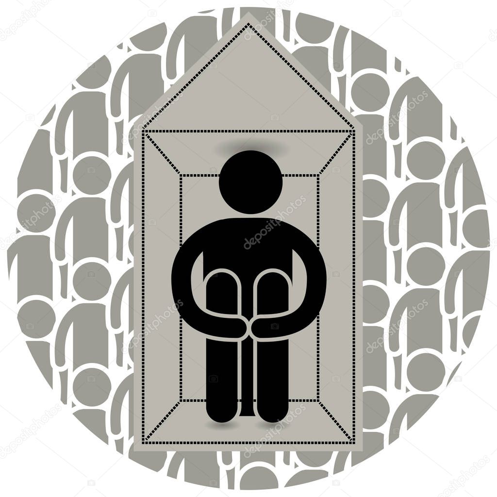 Agoraphobia. Fear of entering open or crowded places. Locked himself at home. Afraid to go outside. Many people. Loneliness. Logo, icon, silhouette, sticker, sign. Afraided man.
