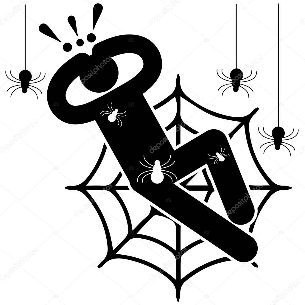 Arachnophobia. Fear of spiders. Phobia. Crawling spiders. Entangled in the web. Afraided man. Logo, icon, silhouette, sticker, sign.