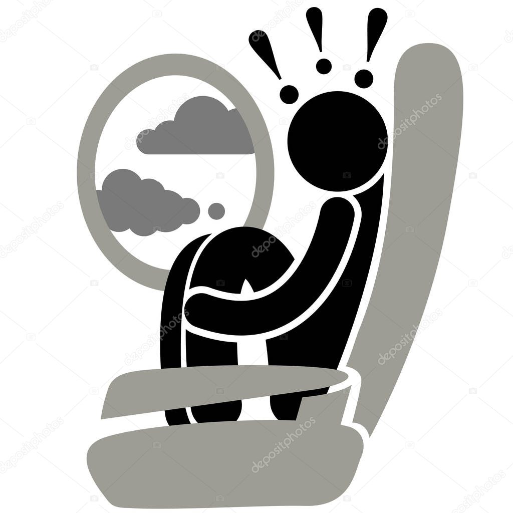 Aviation phobia. Aerophobia. Phobia. Turbulence. Fear of flying. Logo, icon, silhouette, sticker, sign.