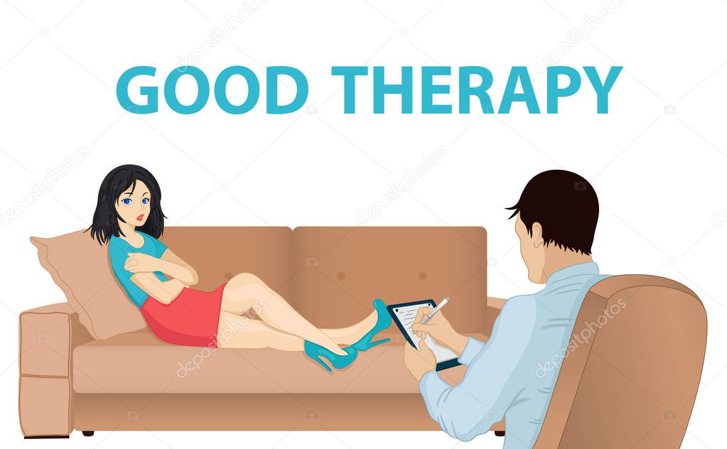 Doctor is writing. Psychologist consultation. Patient on sofa. Male psychiatrist consulting. Mental health problems, office. Specialist to help with emotional disorders. Cartoon vector illustration.