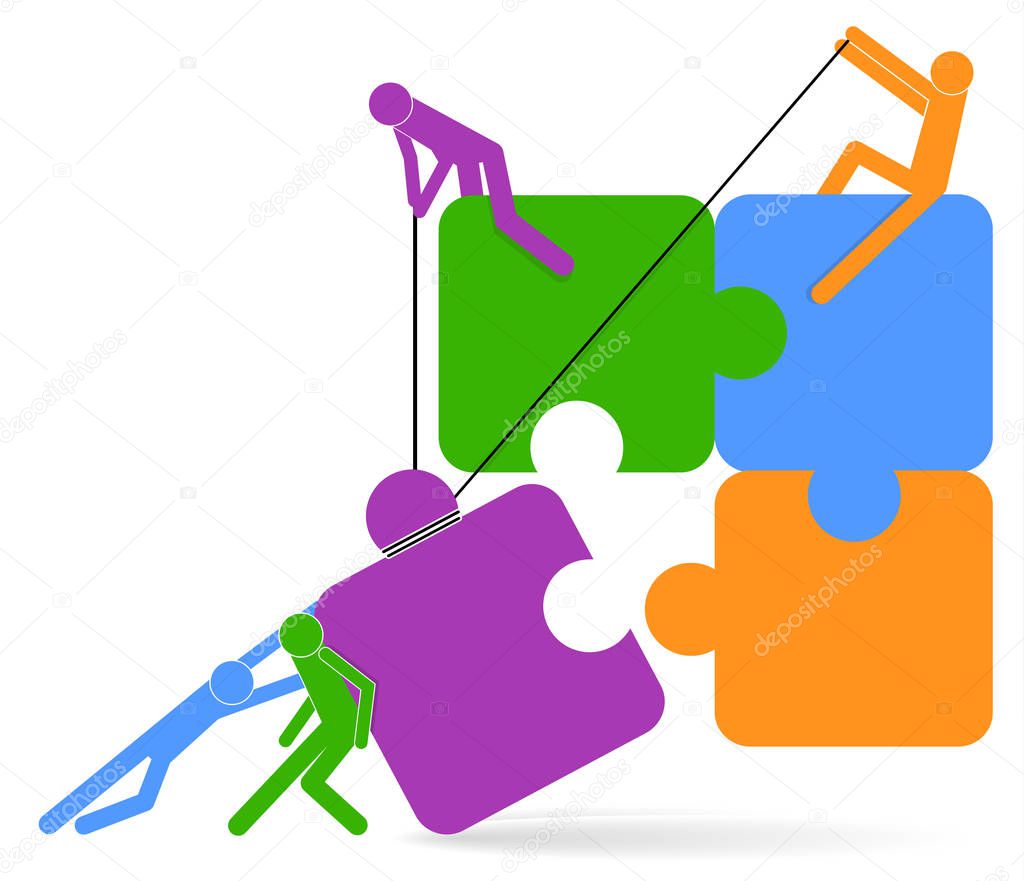 Teamwork concept. Puzzle and people icon. Business people holding puzzle. Vector illustration. Business strategy brainstorming concept.