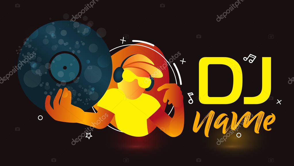 Dj Logo Design. Creative vector logo design with headphones and DJ with glasses. Music logotype template. For accessory, brand, identity, logotype, company, shop, dj party. Black background. Mp3 sign.