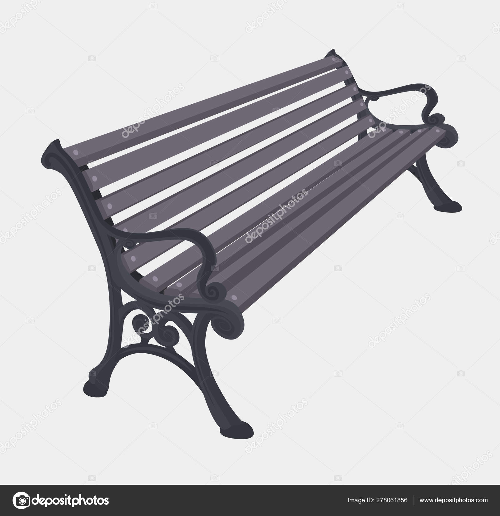 Gray Wooden Bench With A Decorative Ornate Metal Legs And Armres