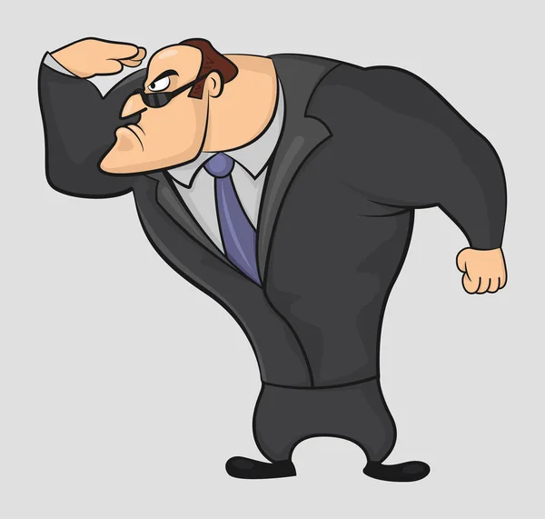 Cartoon grappig gespierde vector Guard in een pak op zoek naar slechteriken — Stockvector