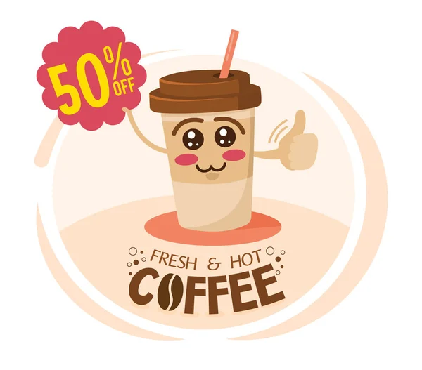 Lustige Cartoon-Figur Kaffeetasse mit einem Schild mit Sonderangebot. Kaffee-Discount-Konzept. — Stockvektor