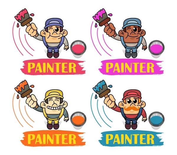 Vector Set of funny Interracial Painters in top view perspective. Man is holding paint roller in hand. Customer Service. Worker in uniform. — Stock Vector