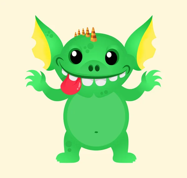 Plantilla linda mascota del monstruo vectorial de los niños pequeños. Gremlin verde de Halloween o troll. Diseño para imprimir, decoración de fiestas, camiseta, emblema, pegatina . — Vector de stock